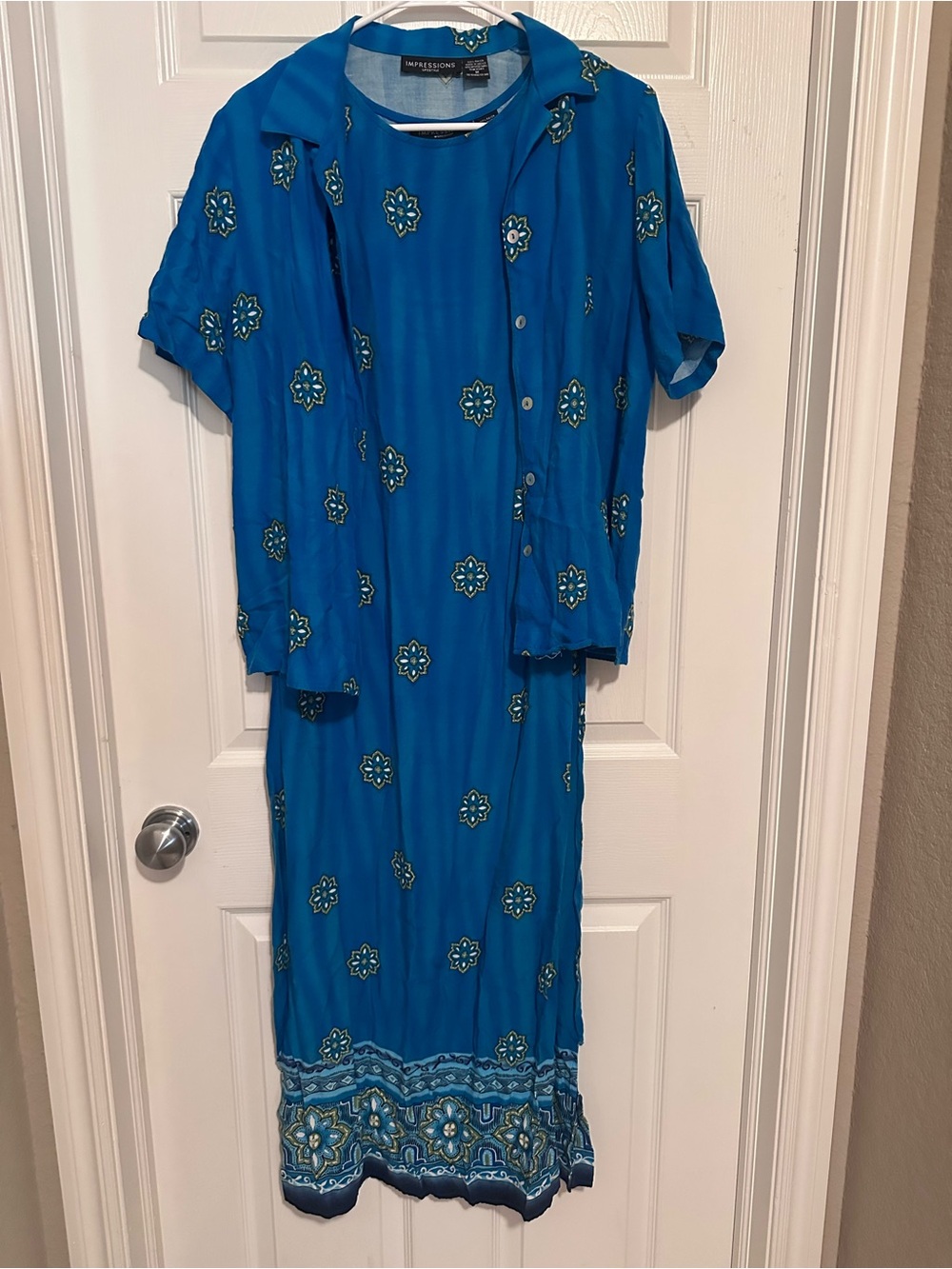 Vintage Impressions Lifestyle 2 Piece Maxi Dress Shirt Set Blue Rayon M 90s